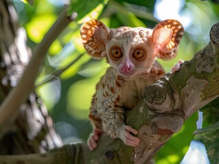 A small primate with large eyes and distinctive ears perched on a branch. AI.