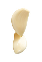 Side view of white peeled garlic clove in stack isolated with clipping path in png file format