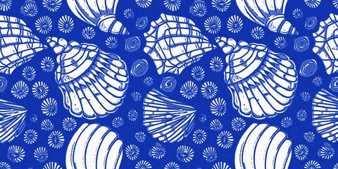 Azure blue white shell motif with linen seamless batik border background. Modern coastal beach cottage rustic shell block print home decor pattern, Sealife banner style 
