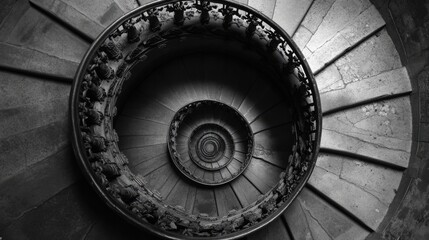 Fototapeta premium A symmetrical view of a circular spiral staircase, looking straight up from the bottom.