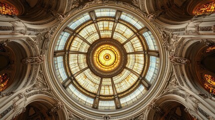 Obraz premium A symmetrical view of a circular stained glass ceiling in an ornate building.