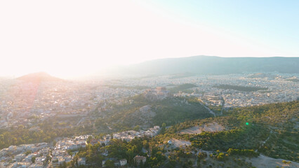 Naklejka premium greece capital athens day and night sunrise sunset light aerial view