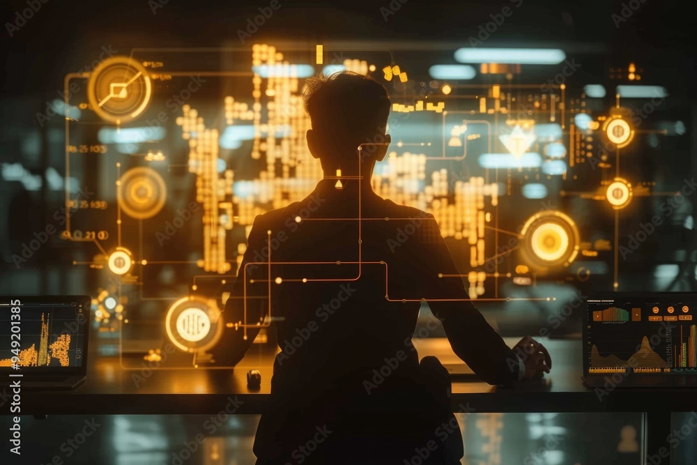 Poster a person stands in front of a display of various electronic devices, such as smartphones and laptops