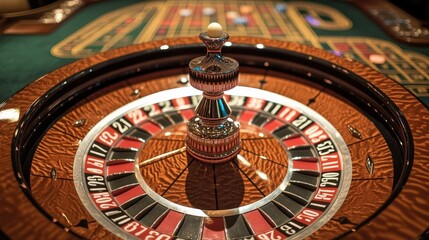 Naklejka premium A top-down view of a circular roulette wheel in a casino, with the ball spinning.