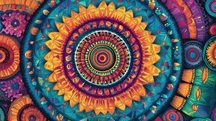 A vibrant mandala design featuring intricate circular patterns and bright colors.