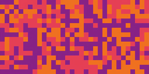 Abstract background geometric pixel pattern with orange, red and purple squares.