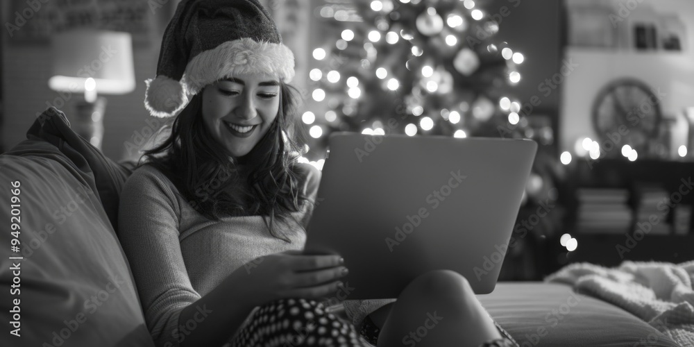 Poster a person working on their laptop while seated on a couch, possibly at home or in an office setting