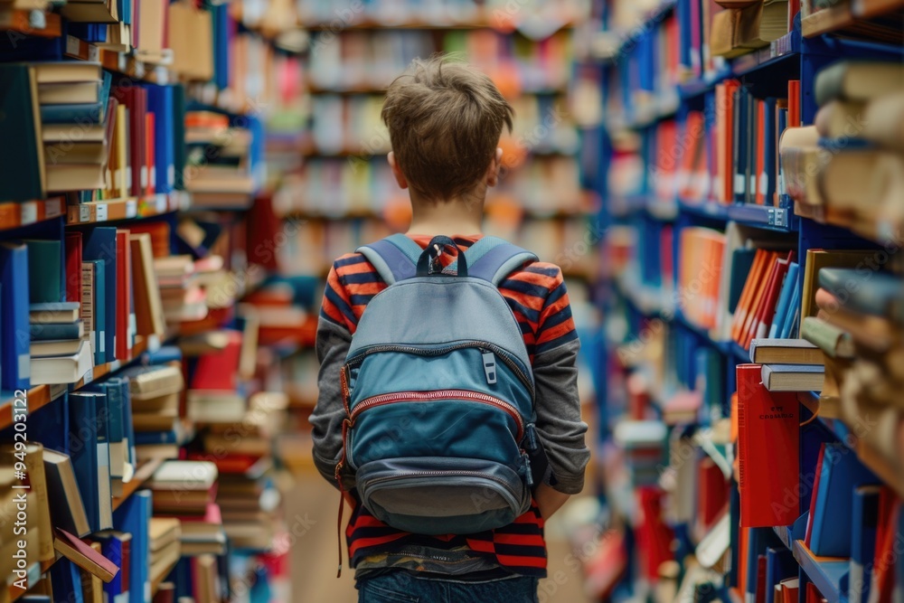 Sticker A student carrying a backpack walks through a quiet library