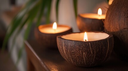 A close-up of coconut shell candles, with soft flames flickering in a cozy setting.