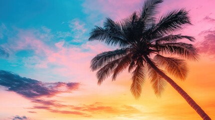 A coconut palm tree against a vibrant sunset, with coconuts silhouetted against the colorful sky.