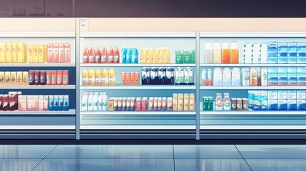 Canada - July 27, 2024: Long open fridge with various yogurt products on shelves in a superstore.