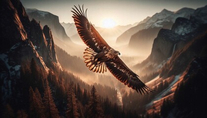 Eagle flying over a lake with mountains and autumn trees in the background under a clear sky.