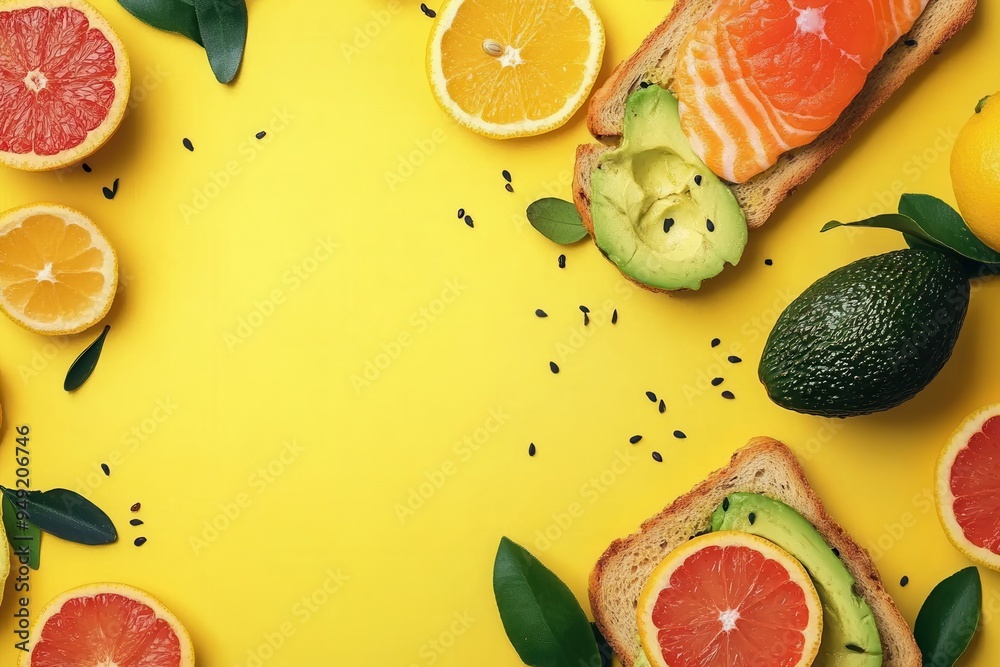 Aufkleber a delicious breakfast includes avocado toast topped with salmon, complemented by fresh citrus on a v