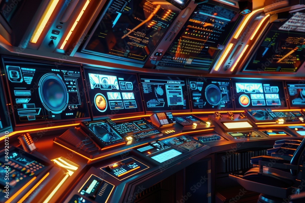 Aufkleber Control panel with multiple screens showing spacecraft systems and data, ideal for use in sci-fi or futuristic designs