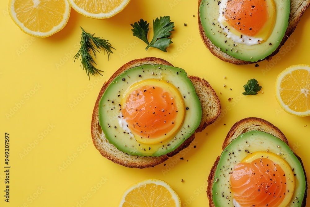 Poster enjoy a vibrant breakfast featuring avocado toast topped with egg, paired with fresh citrus on a che