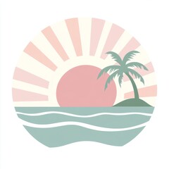 Fototapeta premium A stylized sunset logo over water with a palm tree silhouette.