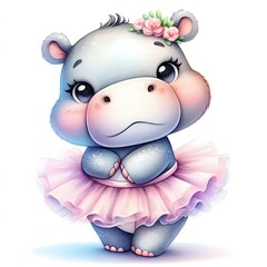 Naklejka premium Playful Hippo Ballerina in Pastel Tutu, Whimsical and Charming Cartoon