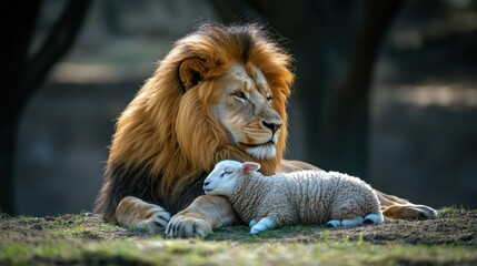 Naklejka premium Lion and Lamb: A Symbol of Peace and Harmony