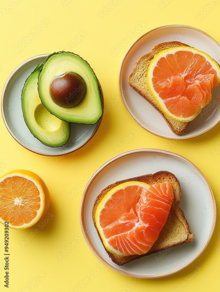 Poster Enjoy a nutritious breakfast featuring avocado toast topped with salmon and fresh citrus slices against a bright yellow backdrop. Generative AI