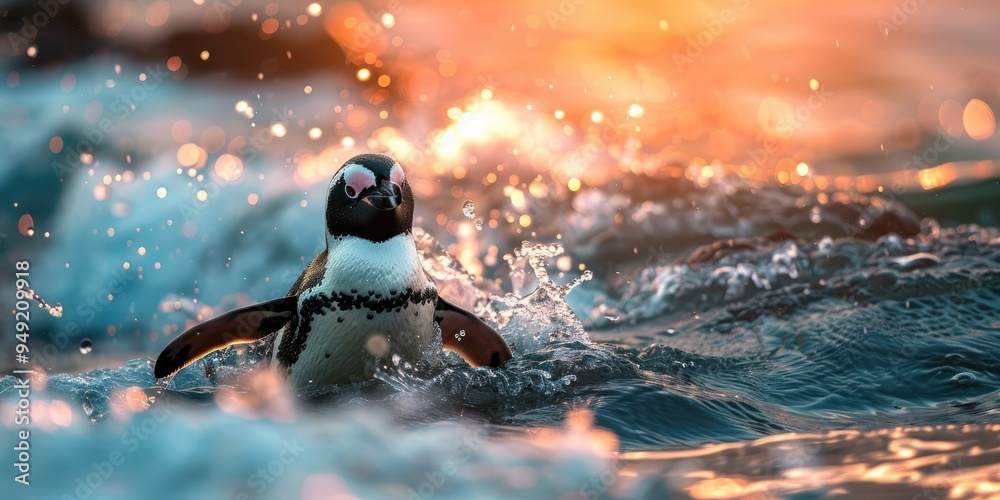 Poster African penguin taking a dip in the ocean