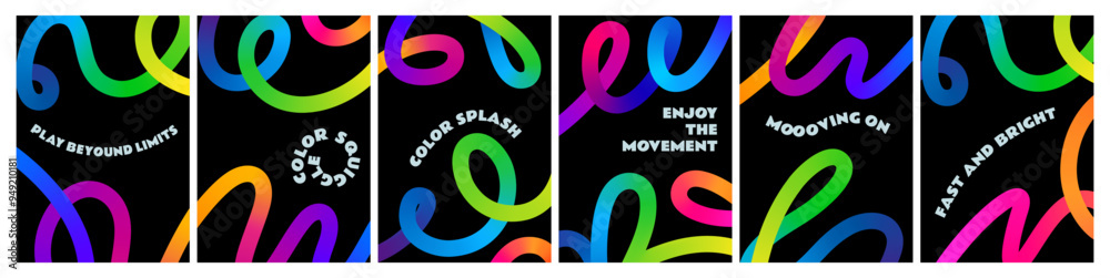 Poster Abstract Backgrounds with Color Gradient Lines. Vector Bg with Squiggle Rainbow Gradient Ribbon Shapes. 3D Wavy Curve Pattern
