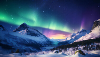 Night sky glows with aurora snowy mountains generative AI 