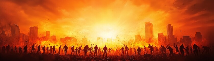 Fototapeta premium Dramatic scene of a crowd silhouetted against a fiery orange backdrop, representing chaos and urgency in an urban environment.