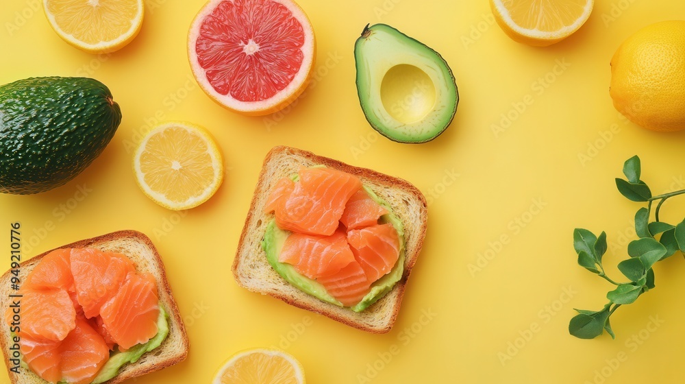 Aufkleber A vibrant breakfast spread features avocado toast topped with salmon and fresh citrus fruits, creating a healthy and colorful meal. Generative AI