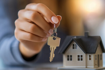 Mão feminina segurando chave de casa em miniatura com fundo desfocado, simbolizando transação imobiliária e propriedade, IA generativa.
