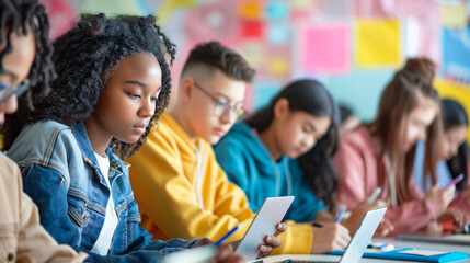 Fototapeta premium Students take notes on digital tablets, with classroom background, AI generate.