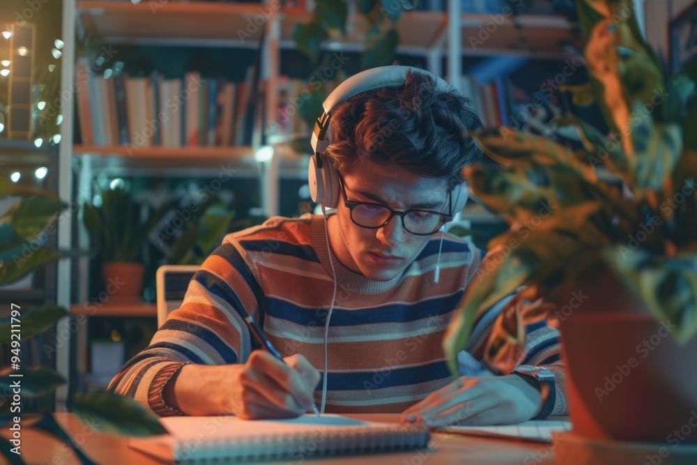 Poster person studying or working on computer with headphones