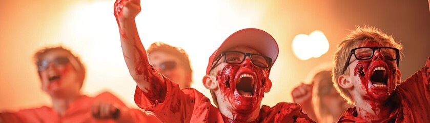 Excited fans celebrate passionately at an event, displaying joyful expressions and zombie painted faces under dramatic lighting.