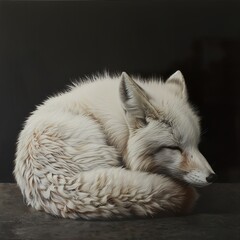 A Curled Up White Fox Sleeping in a Dreamy Pose