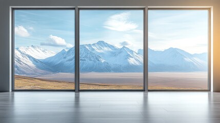A window with a view of mountains and a snowy landscape. The mountains are covered in snow and the landscape is barren