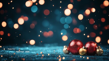 Festive Christmas ornaments on a shimmering surface, capturing the essence of holiday joy and celebration in sparkling lights.