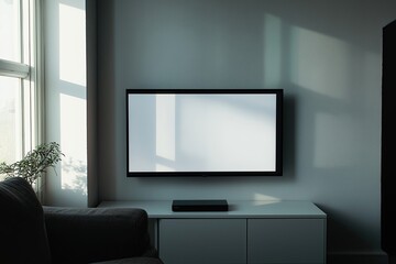 Modern living room with a flat-screen television mounted on the wall and a white cabinet with black accents.