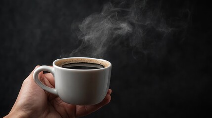 A hand holding a white cup filled with hot coffee, with steam rising against a dark background, suggesting warmth and a fresh start to the day.