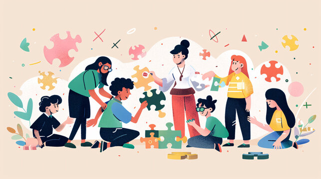 Teacher help diverse group of students with a puzzle. Cartoon of studens concept, AI generate.