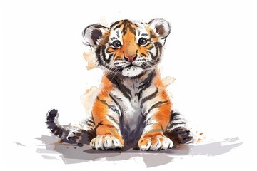 A baby Northeast Tiger in a cartoon and Chinese ink painting style sits happily on the ground, with a raised posture and a broad smile.