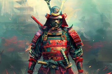 Fototapeta premium A cool samurai in a slightly cartoonish style, featuring bold, exaggerated features and vibrant armor.