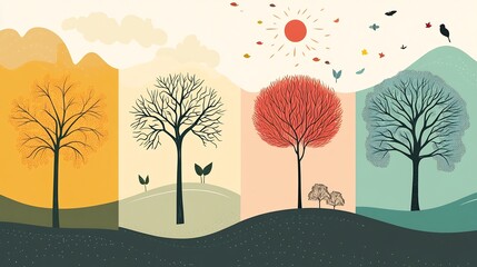 Artistic representation of the four seasons using simple line art and a minimal color scheme