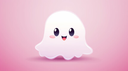 A white, fluffy, and adorable ghost in a kawaii style, set against a pink background.