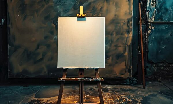 Empty white canvas on a wooden easel against a textured backdrop