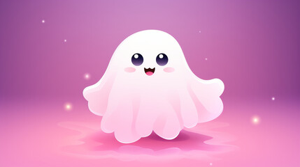 A white, fluffy, and adorable ghost in a kawaii style, set against a pink background.