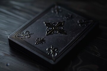 A matte and minimal design graces the back of a card from a fantasy occult game themed around Dante's Inferno.