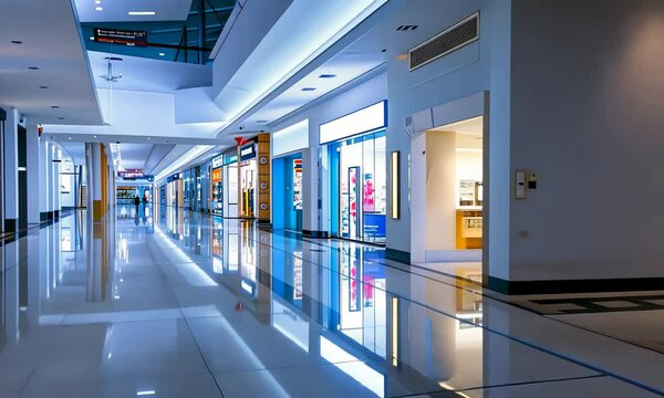 Spacious and modern shopping mall interior with blank billboards
