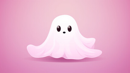 A white, fluffy, and adorable ghost in a kawaii style, set against a pink background.