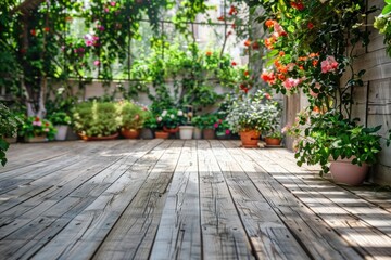 Obraz premium A wooden deck surrounded by numerous potted plants, great for indoor or outdoor use