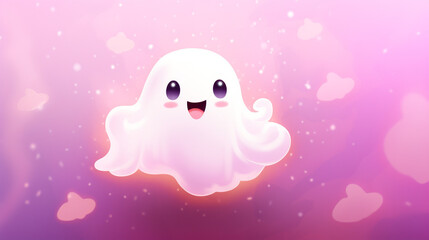 A white, fluffy, and adorable ghost in a kawaii style, set against a pink background.