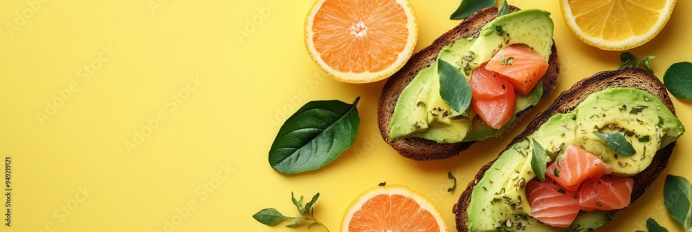 Poster Savor a nutritious breakfast with avocado toast topped with salmon and fresh citrus slices against a bright yellow backdrop. Generative AI